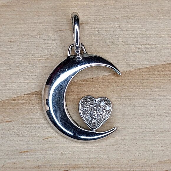 Jewelry - Sterling Silver Moon Heart Pendant Charm "I Love U 2 The Moon & Back" Vtg 1"